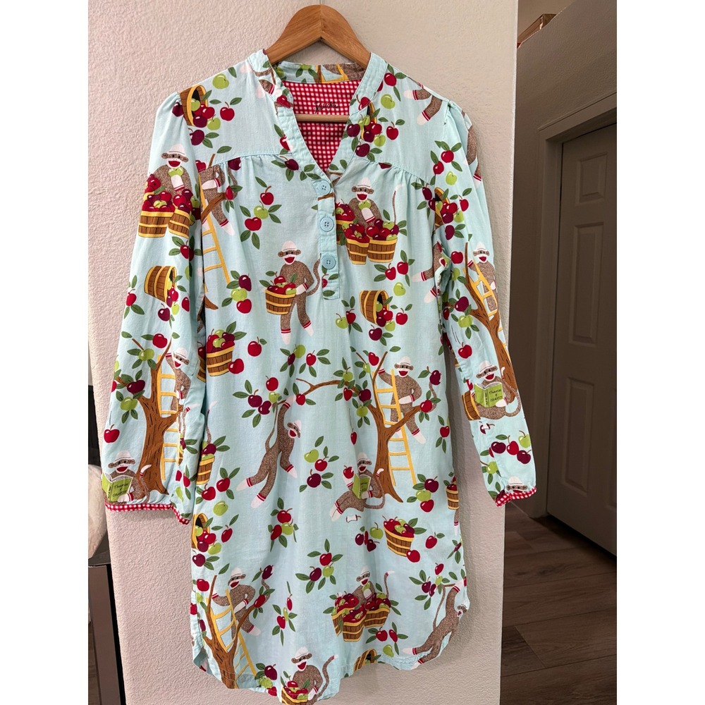 Nick & Nora Women Blue Sock Monkey Apple Print Cotton Sleep Shirt Nightgown M
